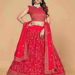 Nityanta Fab Red & Gold-Toned Embellished Sequinned Semi-Stitched Lehenga & Blouse With Dupatta-picture-11