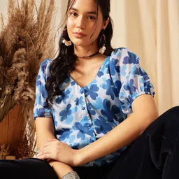 QUIERO Blue Floral Print V-Neck Puff Sleeves Regular Top-picture-31