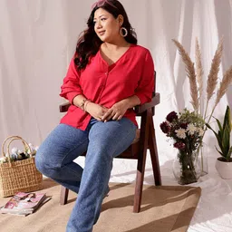 CURVY STREET Plus Size V-Neck Cuffed Sleeves Shirt Style Top-20