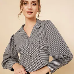RARE Black & White Checked Notch Lapel Collar Cuffed Sleeves Gathered Regular Top-57