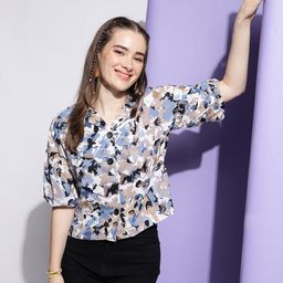 CLEMIRA Floral Print Mandarin Collar Crepe Wrap Top-image-70