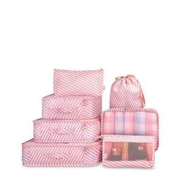 HOUSE OF QUIRK Pink 7 Pieces Striped Packing Cubes With Pouch & Toiletry Bag Organisers-31
