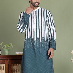 Jompers Striped Printed Band Collar Sequenned Straight Kurta-14