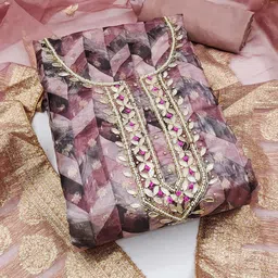 SHADOW & SAINING Chevron Printed Beads and Stones Organza Unstitched Dress Material-picture-11