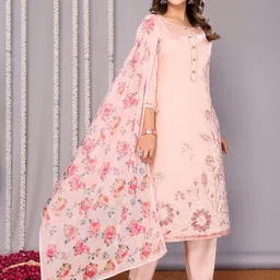 Royal Export Floral Printed Chanderi Cotton Straight Kurta With Trousers And Dupatta-picture-35