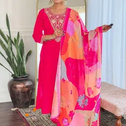 KAUTIK FABRICS Floral Sequinned Embroidered Straight Kurta With Trouser & Dupatta-image-80
