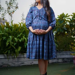 Shades of Sabi Checked Maternity Fit & Flare Dress-image-65