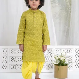Little Bansi Boys Cotton Full Sleeves Self Weaving Green Kurta with Dhoti-picture-25