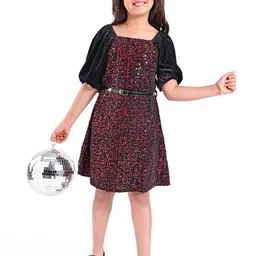 Hola Bonita Girls Embellished Puff Sleeve Velvet A-Line Dress-image-100