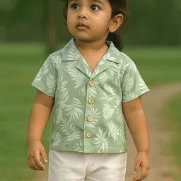 Anneca Girls Leaf Printed Short Sleeves Linen Shirt With Shorts-picture-27