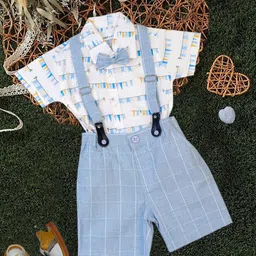MeeMee Boys Printed Short Sleeves Pure Cotton Shirt With Shorts & Suspenders-image-38