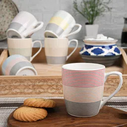 Femora 6 Pcs White & Pink Geometric Printed Bone China Glossy Cups 160 ml-15