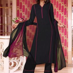 Aaghnya Women V-Neck Thread Work Straight Kurta with Palazzos & Dupatta-15
