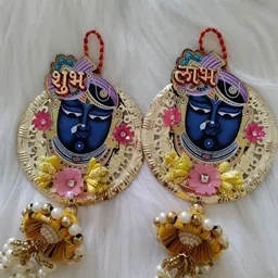 Sellplus Pack Of 2 Blue & Yellow Textured Shri Nath Ji Shubh Labh Jhumki Hanging Torans-picture-49