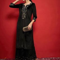 Shae by SASSAFRAS Women Embroidered Regular Velvet Kurta with Trousers-image-55