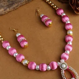 AKSHARA Gold-Plated White Stone Studded & Beaded  & Pink Silk Thread Necklace Set-image-90