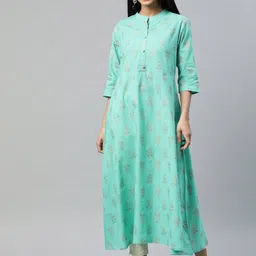 aayusika Women Turquoise Blue & Gold Printed Cotton A-Line Kurta-picture-16