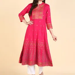 HERE&NOW Ethnic Motifs Printed Mandarin Collar Gotta Patti A-Line Kurta-image-58