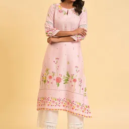 W Pink & Yellow Floral Printed Keyhole Neck Kurta-picture-31
