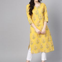 Varanga Women Mustard Yellow Floral Printed Floral Pure Cotton Kurta-image-32