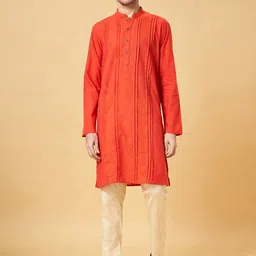 indus route by Pantaloons Mandarin Collar Pleated Cotton Straight Kurta-image-95