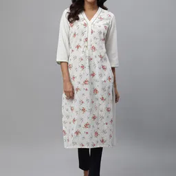 AURELIA V Neck Ethnic Motifs Printed Thread Work A-Line Cotton Kurta-7