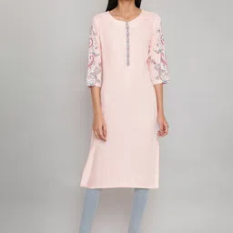 W Women Pink Geometric Yoke Design Cold-Shoulder Sleeves Thread Work Kurta-image-65