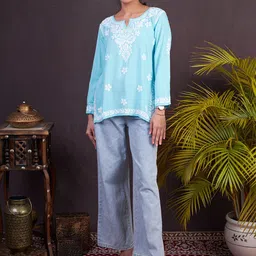 The Chikan Label Floral Embroidered Chikankari Organic Cotton Straight Kurti-picture-41
