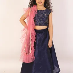 JBN Creation Girls Navy Blue & Peach-Coloured Embellished Thread Work Ready to Wear Lehenga & Blouse With-42