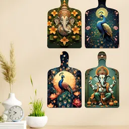 ArtVibes Blue & Brown 4 Pieces Lord Ganesha Printed Wooden Wall Hangings-picture-7