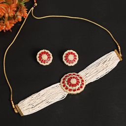 Jazz and Sizzle Gold-Plated Gold-Toned Red Kundan Studded & Beaded Choker Jewellery Set-picture-9