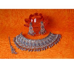 VATSALYA creation Rhodium-Plated Grey & White Stone Studded & Beaded Jewellery Set-picture-26