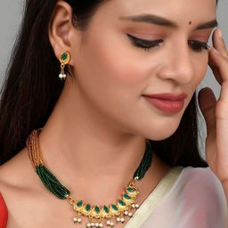 Silvermerc Designs  Gold-Plated  Green Stone-Studded Pearl Beaded Jewellery Set-21