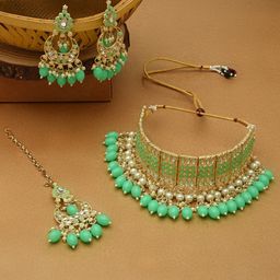 Zaveri Pearls Women Green Stones & Beads Gold-Plated Pearl Beaded Choker Jewellery Set-image-79