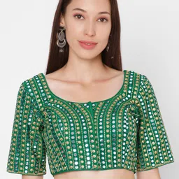 SALWAR STUDIO Women Green Mirror Embroidered Silk Saree Blouse-image-34