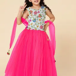 A T U N Girls Fuchsia & Cream-Coloured Embroidered Thread Work Ready to Wear Lehenga & Blouse With Dupatta-picture-16