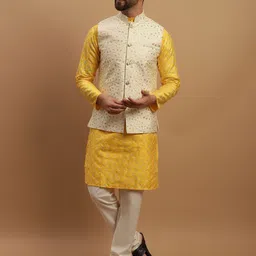 SOJANYA Geometric Embroidered Regular Kurta With Churidar & Nehru Jacket-picture-12