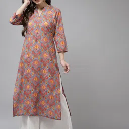 Amirah s Women Grey & Mustard Yellow Pure Cotton Ethnic Motifs Printed Mirror Work Kurta-picture-35