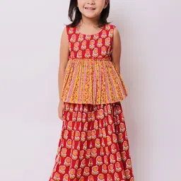 My Little Lambs Girls Red & Yellow Printed Block Print Ready to Wear Lehenga &-picture-5
