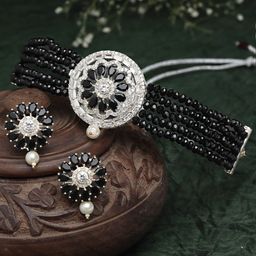 ZENEME Oxidized Silver-Plated Black & White Stones-Studded & Pearl-Beaded Jewellery Set-1