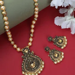 ANIKAS CREATION Gold-Plated Black Enamelled Stone Studded Pearl Beaded Jewellery Set-picture-23