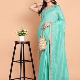 Mitera Turquoise Blue Embroidered Border Saree-picture-30