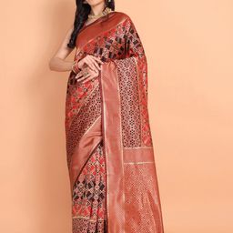 Mitera Red Ethnic Motifs Woven Design Zari Kanjeevaram Saree-image-86
