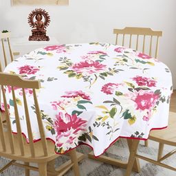 Texstylers Pink & White Floral Printed Anti Slip Cotton Round 4 Seater Table Cover-image-44
