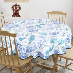 Texstylers Teal blue & Green Floral Printed Anti Slip Cotton Round 4 Seater Table Cover-12