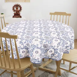 Texstylers Grey & Blue Floral Printed Anti Slip Cotton Round 4 Seater Table Cover-17