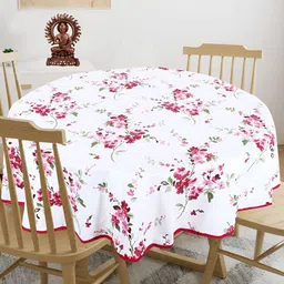 Texstylers White & Red 4-Seater Floral Anti-Slip Cotton Round Table Cover-15