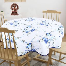 Texstylers White & Blue 4-Seater Floral Anti-Slip Cotton Round Table Cover-picture-41