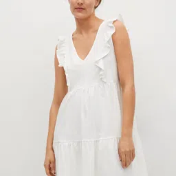 MANGO White Solid Organic Cotton Ruffled A-Line Dress-image-35