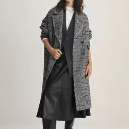 MANGO Women Black & Off-White Sustainable Self Design Double Breasted Wrap Coat-image-45